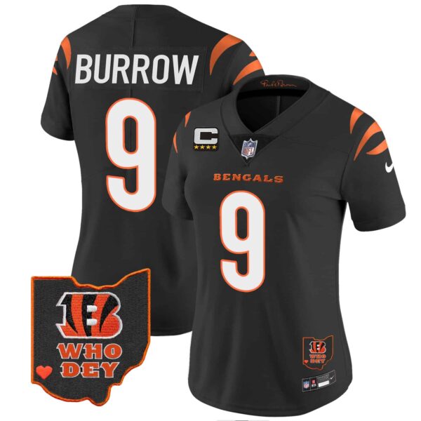 Women’s Bengals Ohio Patch Vapor Limited Jersey V2 – All Stitched – Black – Joe Burrow