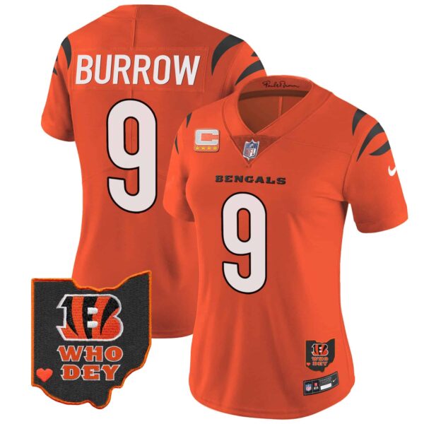 Women’s Bengals Ohio Patch Vapor Limited Jersey V2 – All Stitched – Orange – Joe Burrow