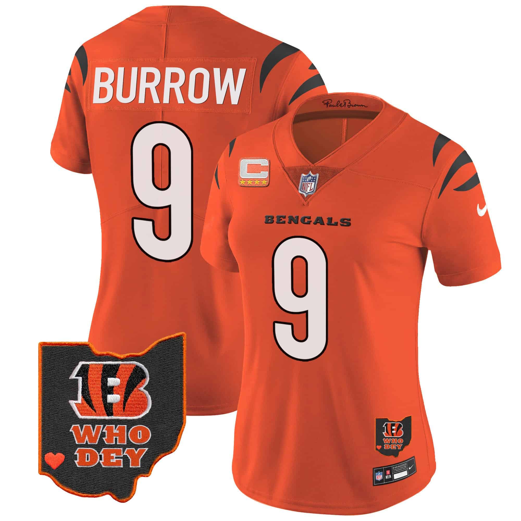 Women’s Bengals Ohio Patch Vapor Limited Jersey V2 – All Stitched – Orange – Joe Burrow