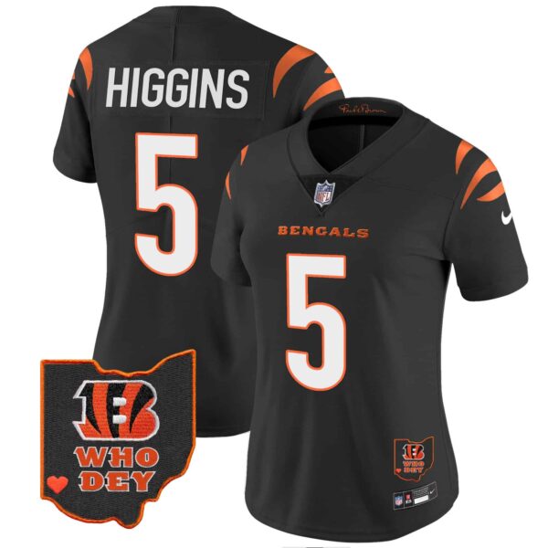 Women’s Bengals Ohio Patch Vapor Limited Jersey V2 – All Stitched – Black – Tee Higgins