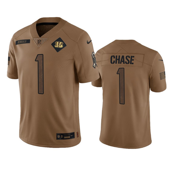 Men’s Cincinnati Bengals #1 Ja’Marr Chase 2023 Brown Salute To Service Limited Football Stitched Jersey