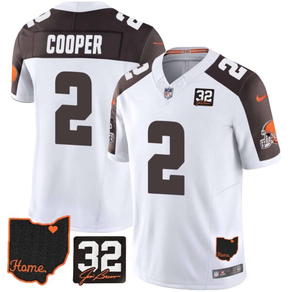 Men’s Browns #32 Jim Brown Memorial & Home Patch Jersey V3 – All Stitched – Inverted – Amari Cooper