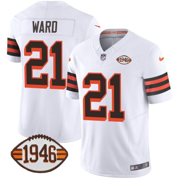 Men’s Browns 1946 75th Anniversary Patch Jersey – All Stitched – 1946 White – Denzel Ward