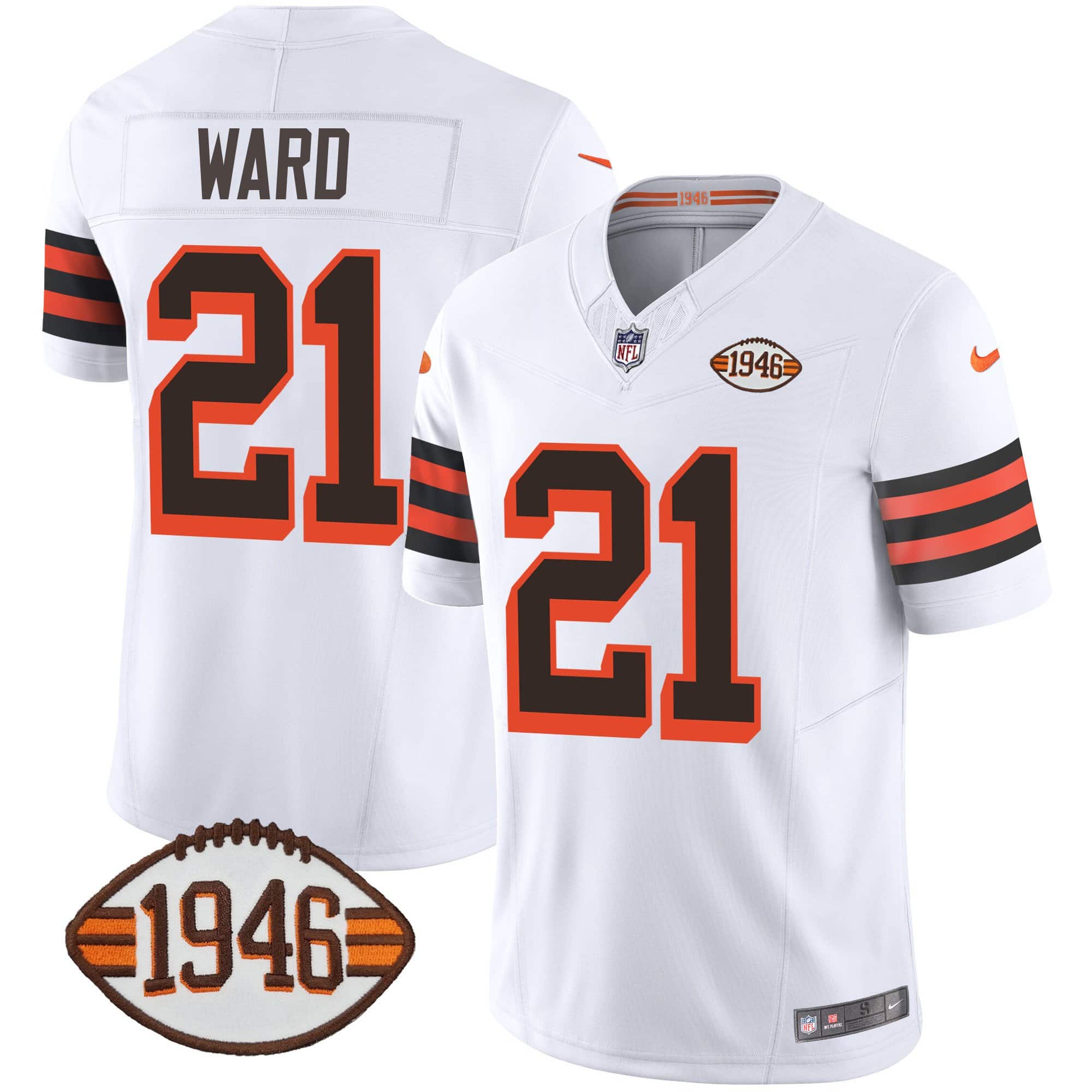 Men’s Browns 1946 75th Anniversary Patch Jersey – All Stitched – 1946 White – Denzel Ward