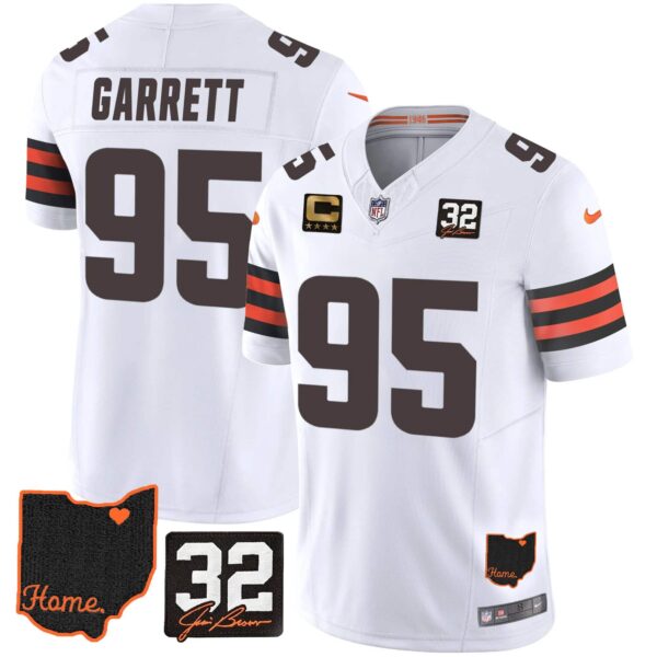 Men’s Browns #32 Jim Brown Memorial & Home Patch Jersey V3 – All Stitched – White – Myles Garrett