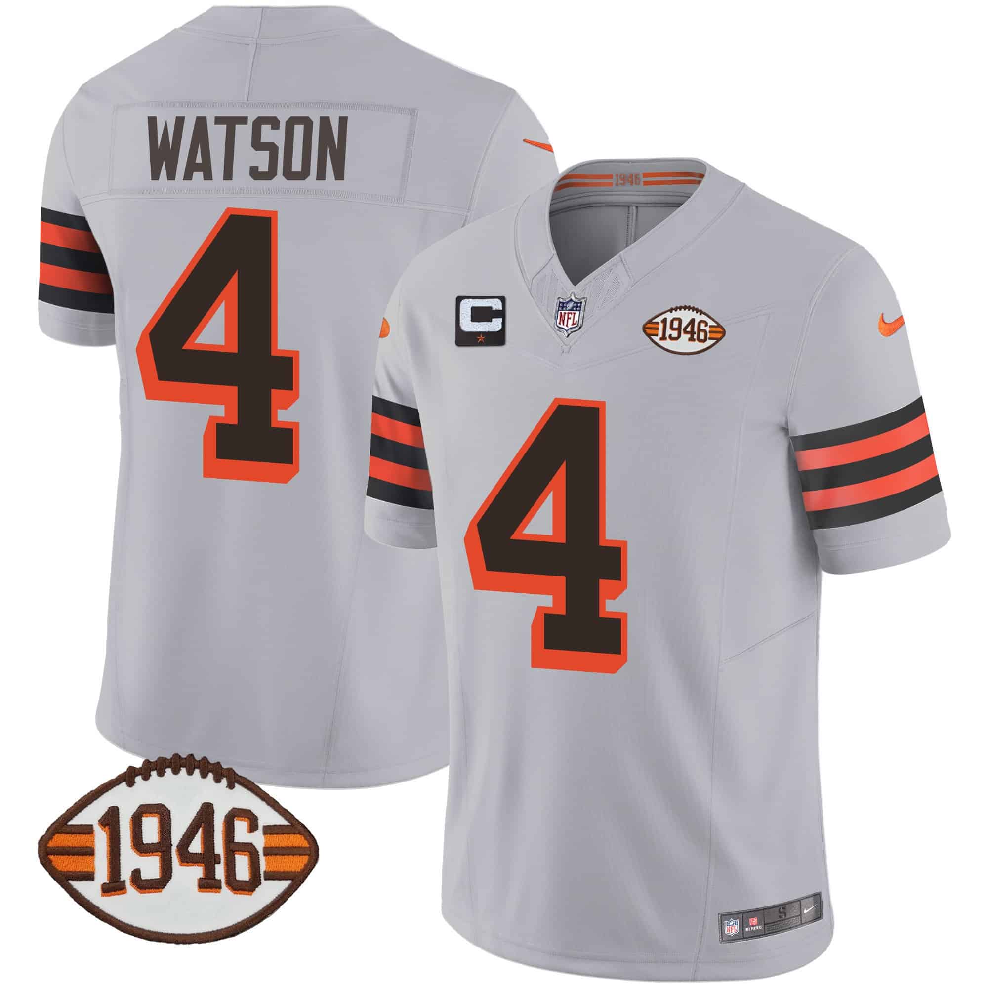Men’s Browns 1946 75th Anniversary Patch Jersey – All Stitched – Gray – Deshaun Watson