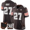 Men’s Browns #32 Jim Brown Memorial & Home Patch Jersey V3 – All Stitched – Brown – Kareem Hunt