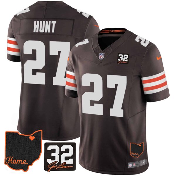 Men’s Browns #32 Jim Brown Memorial & Home Patch Jersey V3 – All Stitched – Brown – Kareem Hunt