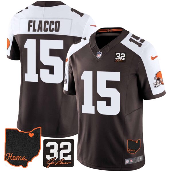 Men’s Browns #32 Jim Brown Memorial & Home Patch Jersey V3 – All Stitched – Alternate – Joe Flacco
