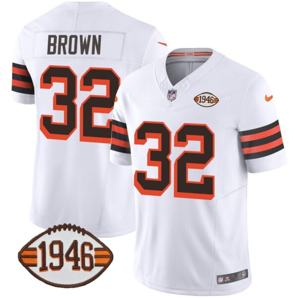 Men’s Browns 1946 75th Anniversary Patch Jersey – All Stitched – 1946 White – Jim Brown