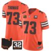 Men’s Browns #32 Jim Brown Memorial & Home Patch Jersey V3 – All Stitched – Orange – Joe Thomas