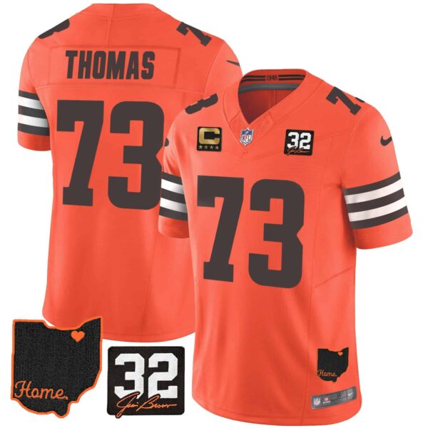 Men’s Browns #32 Jim Brown Memorial & Home Patch Jersey V3 – All Stitched – Orange – Joe Thomas