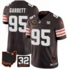 Men’s Browns #32 Jim Brown Memorial & Home Patch Jersey V3 – All Stitched – Brown – Myles Garrett