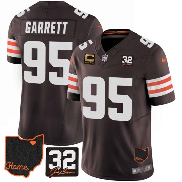 Men’s Browns #32 Jim Brown Memorial & Home Patch Jersey V3 – All Stitched – Brown – Myles Garrett