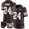 Men’s Browns #32 Jim Brown Memorial & Home Patch Jersey V3 – All Stitched – Brown – Nick Chubb