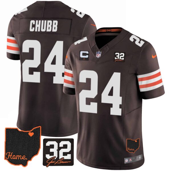 Men’s Browns #32 Jim Brown Memorial & Home Patch Jersey V3 – All Stitched – Brown – Nick Chubb