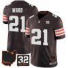 Men’s Browns #32 Jim Brown Memorial & Home Patch Jersey V3 – All Stitched – Brown – Denzel Ward