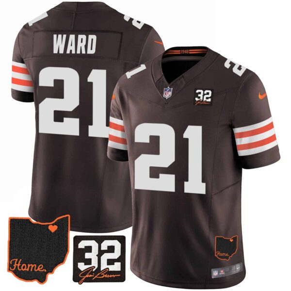 Men’s Browns #32 Jim Brown Memorial & Home Patch Jersey V3 – All Stitched – Brown – Denzel Ward