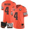 Men’s Browns #32 Jim Brown Memorial & Home Patch Jersey V3 – All Stitched – Orange – Deshaun Watson