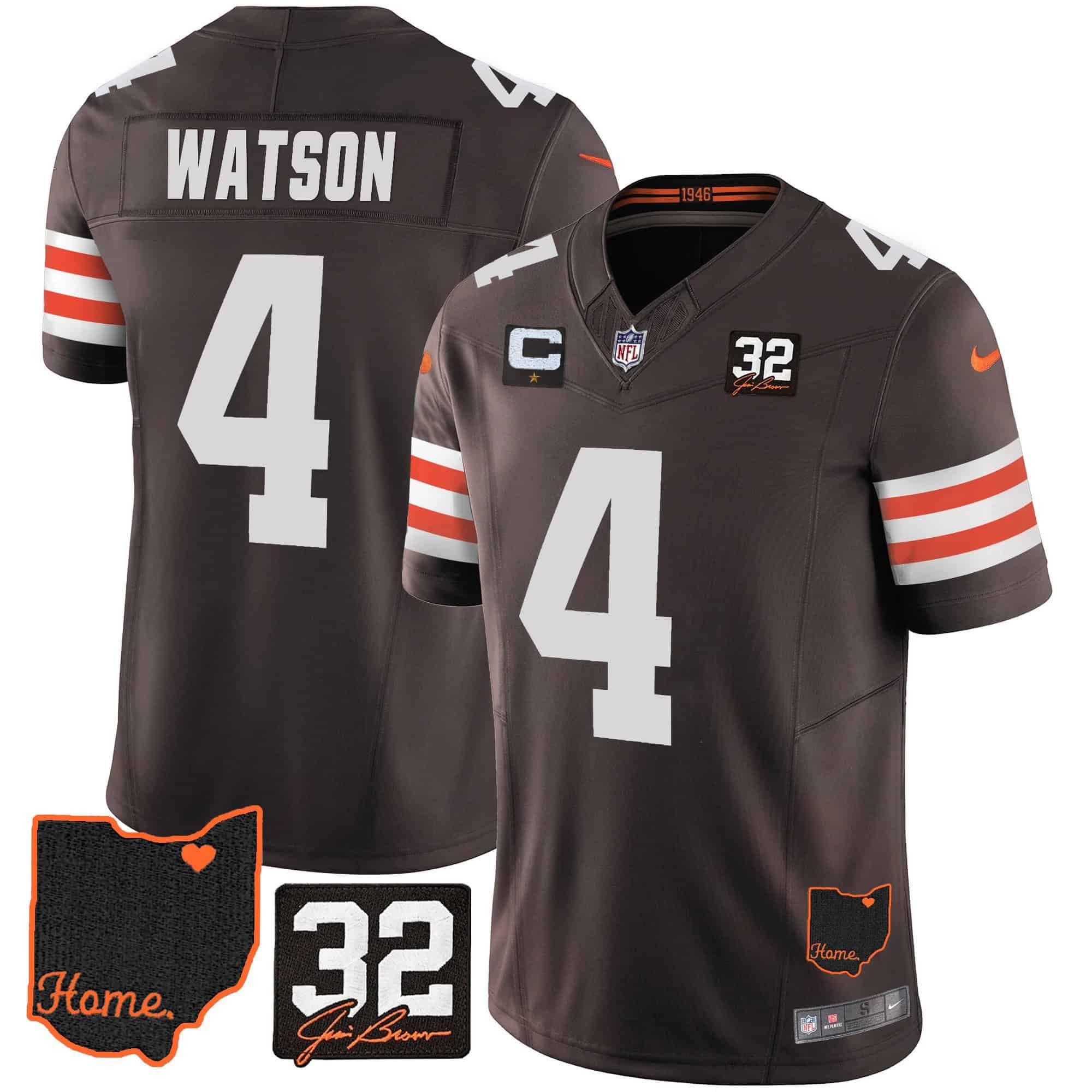 Men’s Browns #32 Jim Brown Memorial & Home Patch Jersey V3 – All Stitched – Brown – Deshaun Watson