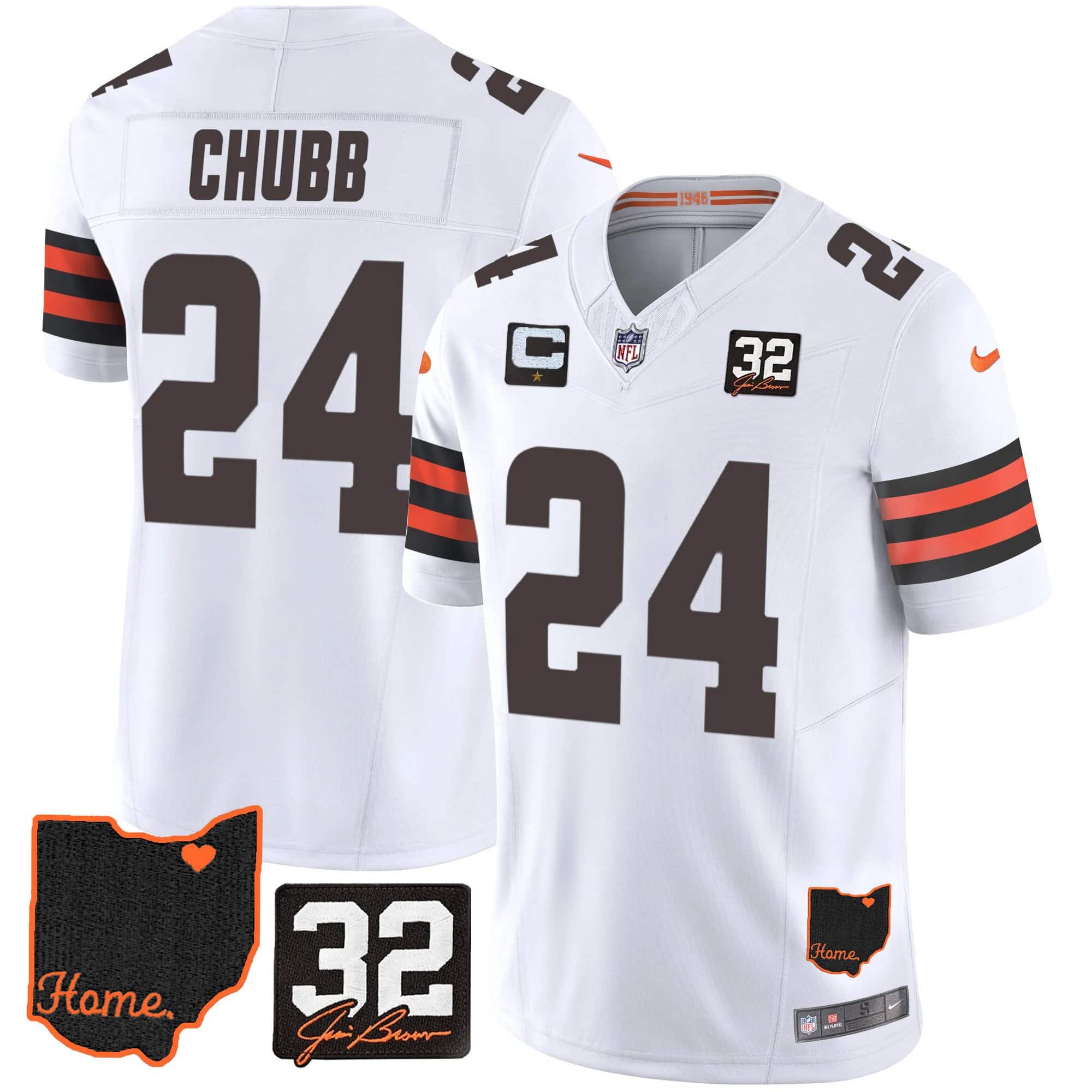 Men’s Browns #32 Jim Brown Memorial & Home Patch Jersey V3 – All Stitched – White – Nick Chubb