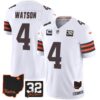 Men’s Browns #32 Jim Brown Memorial & Home Patch Jersey V3 – All Stitched – White – Deshaun Watson