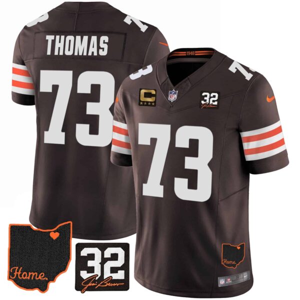Men’s Browns #32 Jim Brown Memorial & Home Patch Jersey V3 – All Stitched – Brown – Joe Thomas