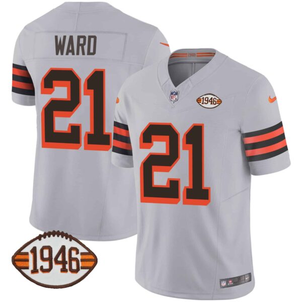 Men’s Browns 1946 75th Anniversary Patch Jersey – All Stitched – Gray – Denzel Ward