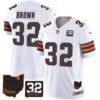 Men’s Browns #32 Jim Brown Memorial & Home Patch Jersey V3 – All Stitched – White – Jim Brown