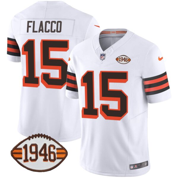 Men’s Browns 1946 75th Anniversary Patch Jersey – All Stitched – 1946 White – Joe Flacco