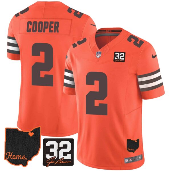 Men’s Browns #32 Jim Brown Memorial & Home Patch Jersey V3 – All Stitched – Orange – Amari Cooper