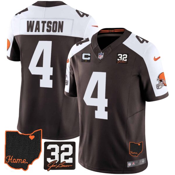 Men’s Browns #32 Jim Brown Memorial & Home Patch Jersey V3 – All Stitched – Alternate – Deshaun Watson