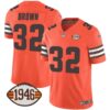 Men’s Browns 1946 75th Anniversary Patch Jersey – All Stitched – Orange – Jim Brown