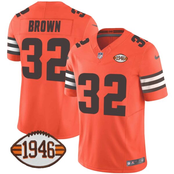 Men’s Browns 1946 75th Anniversary Patch Jersey – All Stitched – Orange – Jim Brown
