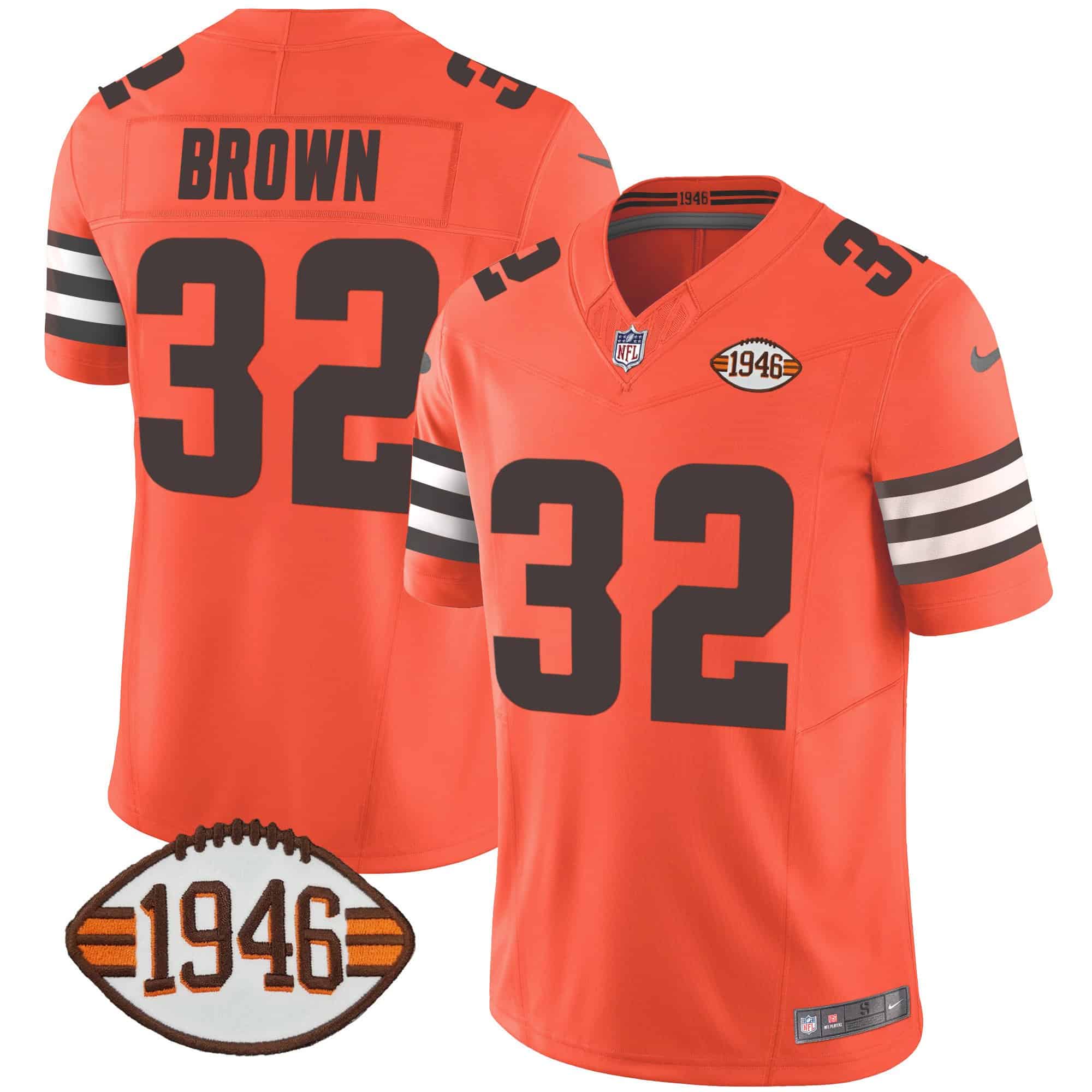 Men’s Browns 1946 75th Anniversary Patch Jersey – All Stitched – Orange – Jim Brown