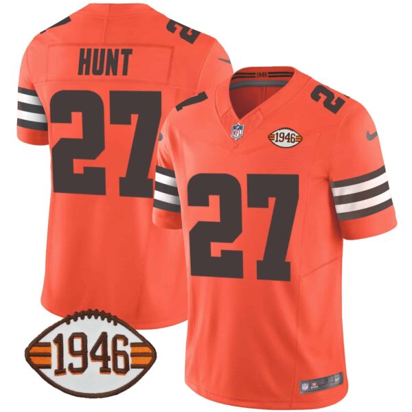 Men’s Browns 1946 75th Anniversary Patch Jersey – All Stitched – Orange – Kareem Hunt
