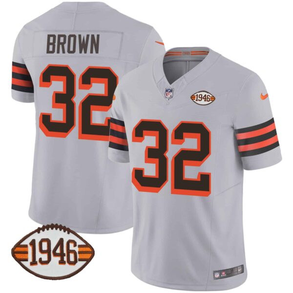 Men’s Browns 1946 75th Anniversary Patch Jersey – All Stitched – Gray – Jim Brown