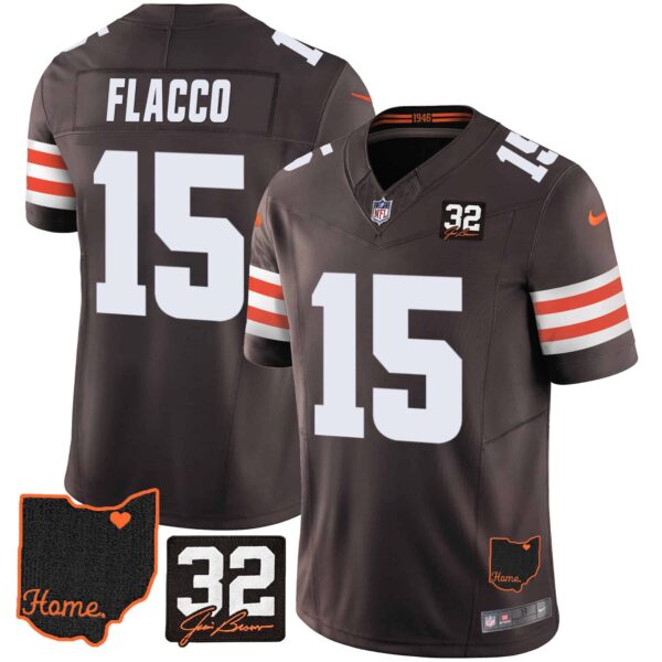 Men’s Browns #32 Jim Brown Memorial & Home Patch Jersey V3 – All Stitched – Brown – Joe Flacco
