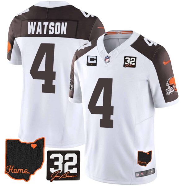 Men’s Browns #32 Jim Brown Memorial & Home Patch Jersey V3 – All Stitched – Inverted – Deshaun Watson