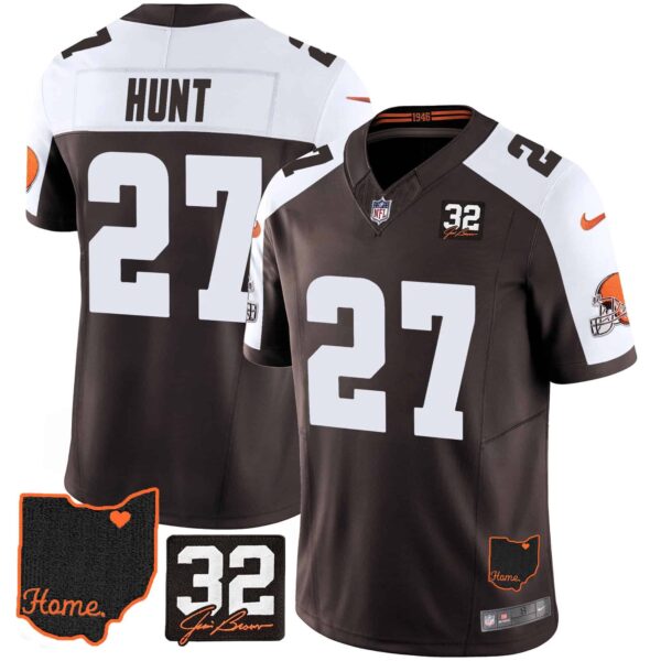 Men’s Browns #32 Jim Brown Memorial & Home Patch Jersey V3 – All Stitched – Alternate – Kareem Hunt