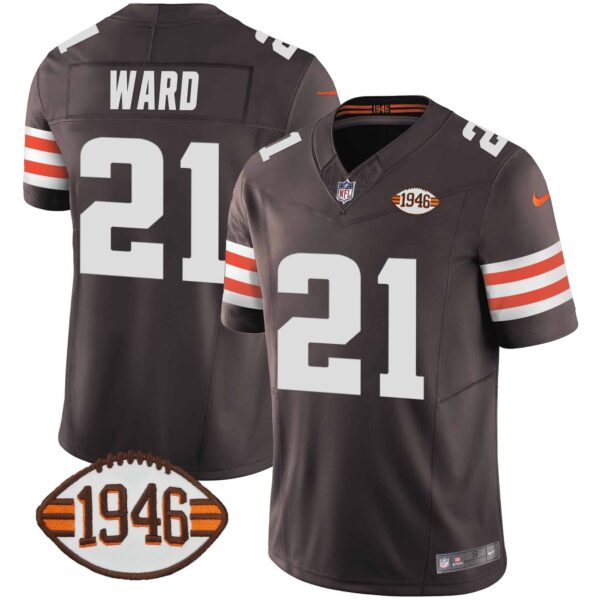 Men’s Browns 1946 75th Anniversary Patch Jersey – All Stitched – Brown – Denzel Ward