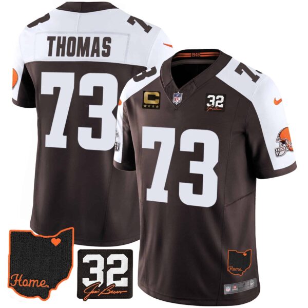 Men’s Browns #32 Jim Brown Memorial & Home Patch Jersey V3 – All Stitched – Alternate – Joe Thomas