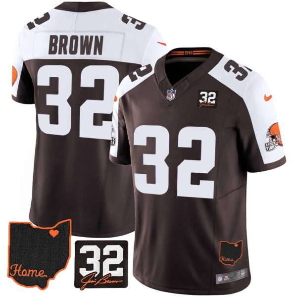 Men’s Browns #32 Jim Brown Memorial & Home Patch Jersey V3 – All Stitched – Alternate – Jim Brown