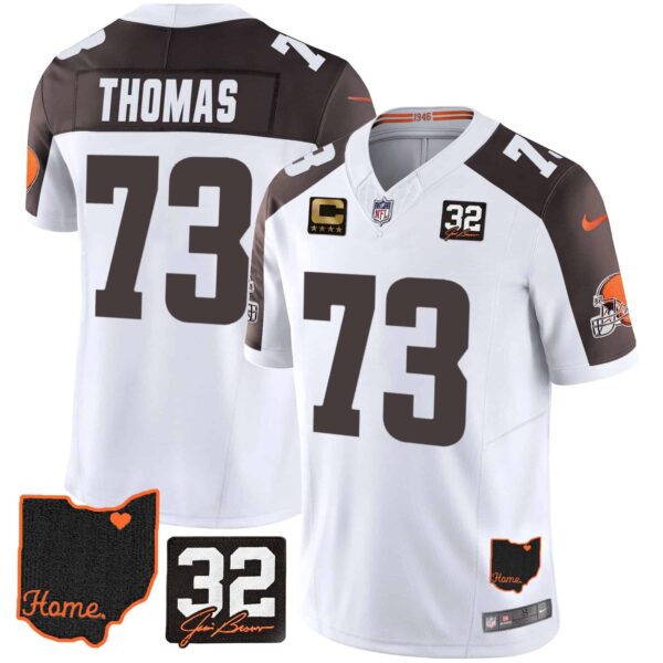 Men’s Browns #32 Jim Brown Memorial & Home Patch Jersey V3 – All Stitched – Inverted – Joe Thomas