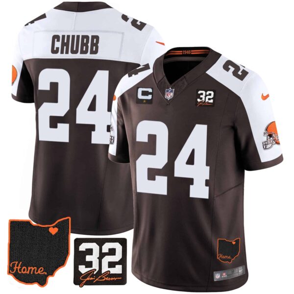 Men’s Browns #32 Jim Brown Memorial & Home Patch Jersey V3 – All Stitched – Alternate – Nick Chubb