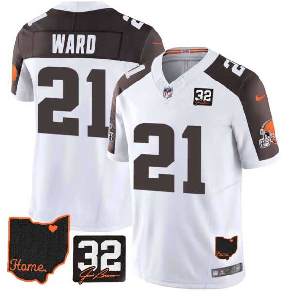 Men’s Browns #32 Jim Brown Memorial & Home Patch Jersey V3 – All Stitched – Inverted – Denzel Ward