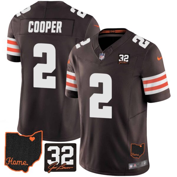 Men’s Browns #32 Jim Brown Memorial & Home Patch Jersey V3 – All Stitched – Brown – Amari Cooper