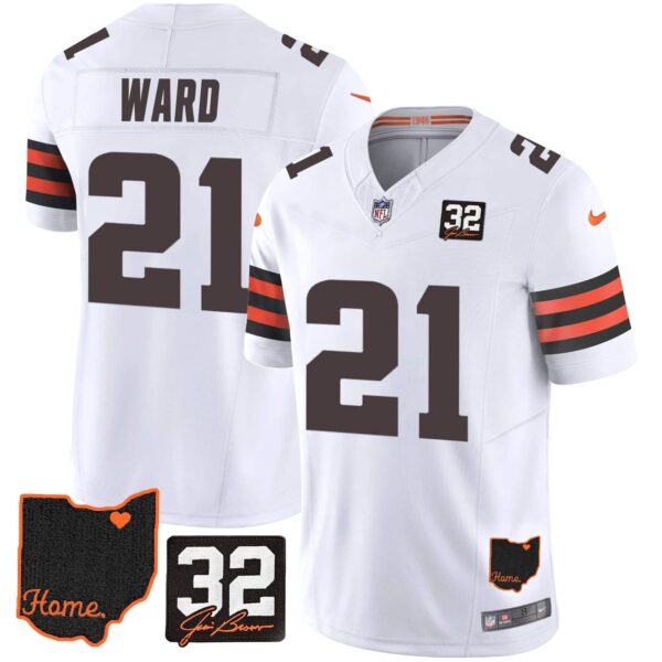 Men’s Browns #32 Jim Brown Memorial & Home Patch Jersey V3 – All Stitched – White – Denzel Ward