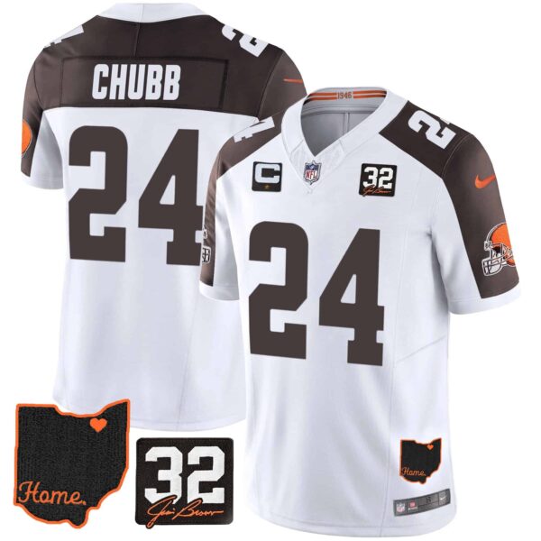 Men’s Browns #32 Jim Brown Memorial & Home Patch Jersey V3 – All Stitched – Inverted – Nick Chubb