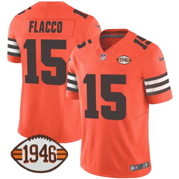 Men’s Browns 1946 75th Anniversary Patch Jersey – All Stitched – Orange – Joe Flacco